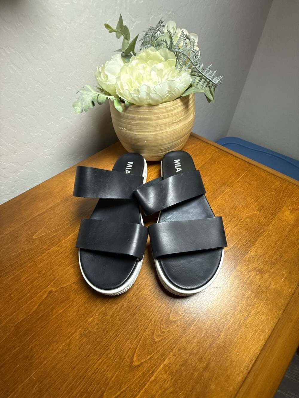 MIA Black Leather Dual Strap Platform Slide Sandals Size 7.5